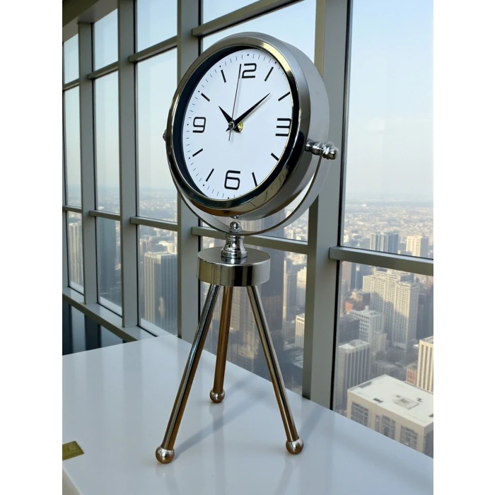 Elegance Krom Tripod Üç Ayaklı Metal Masa Saati