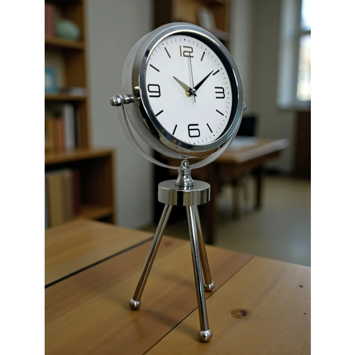 Elegance Krom Tripod Üç Ayaklı Metal Masa Saati