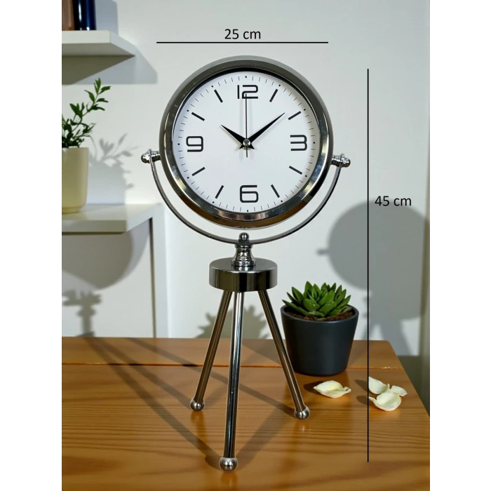 Elegance Krom Tripod Üç Ayaklı Metal Masa Saati