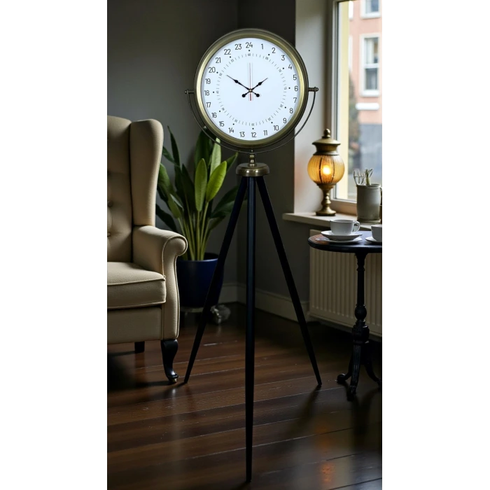 Eskitme 24 Saat Göstergeli Özel Tasarım Tripod Ayaklı Saat