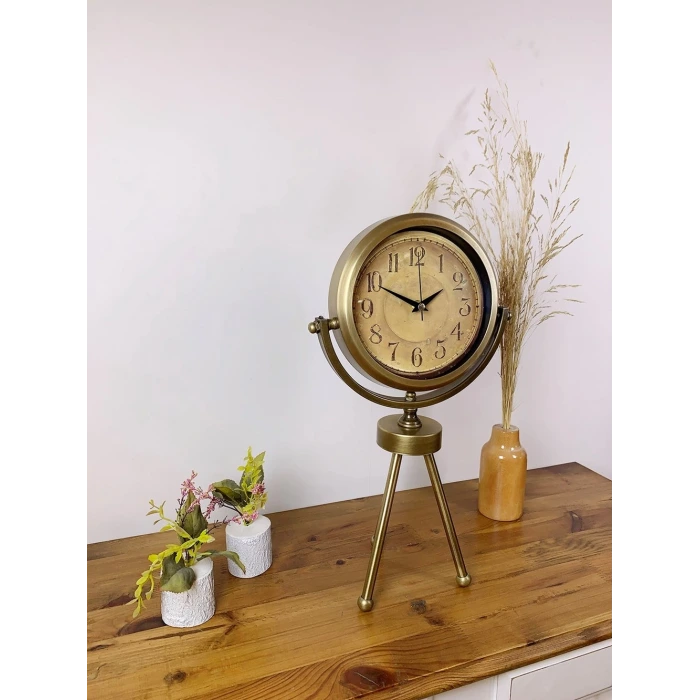 Eskitme Metal Mini Tripod Dekoratif Masa Saati 45×26 cm