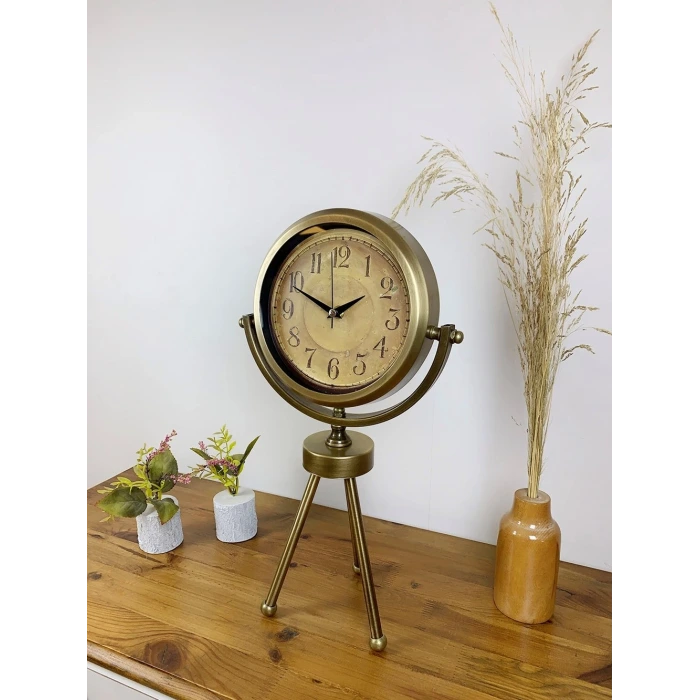 Eskitme Metal Mini Tripod Dekoratif Masa Saati 45×26 cm