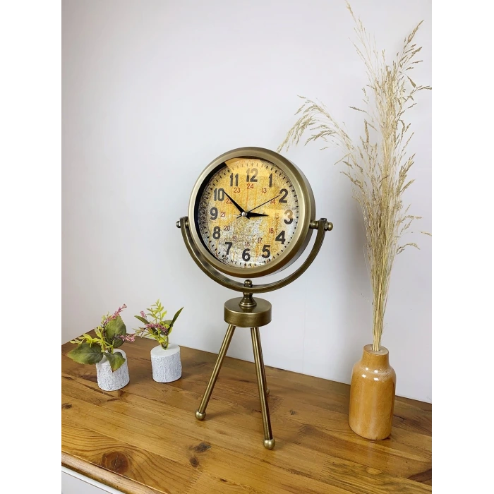 Eskitme Metal Mini Tripod Kaos Masa Saati 45×26 cm