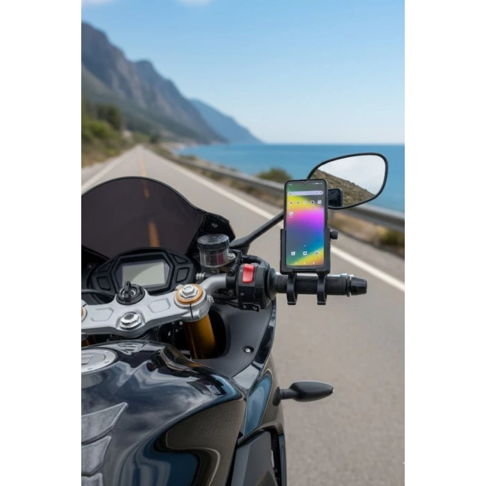 Evrensel Motosiklet Telefon Tutucu – Kaymaz, Kilitlenebilir Güvenli Tutuşlu, 360° Ayarlanabilir Gidon Bağlantılı Akıllı Telefon Aparatı