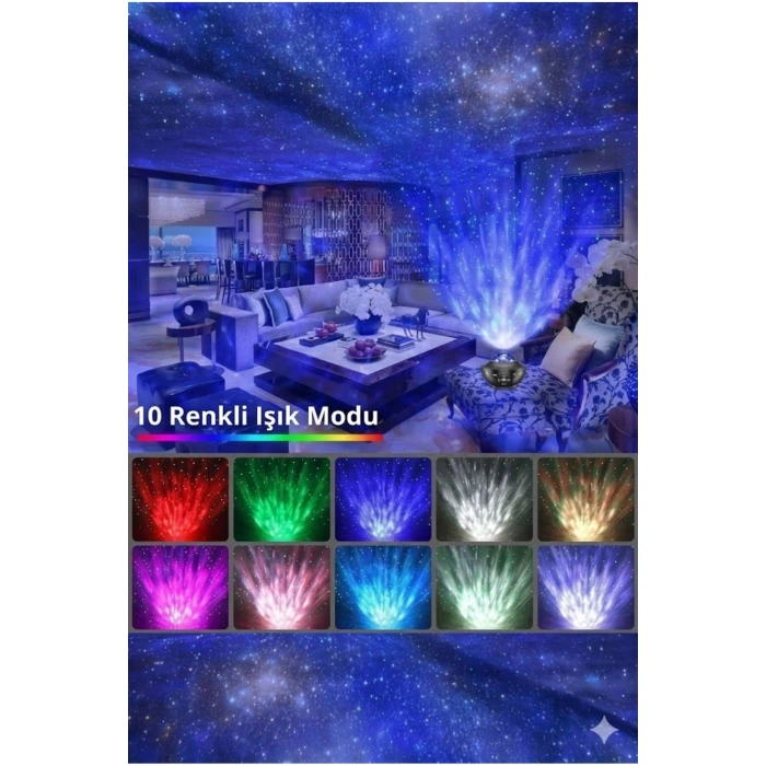 Galaksi Yıldız Projektörü ve Bluetooth Hoparlör 10 Renk Modlu Okyanus Dalgalı Gece & Disko Lambası