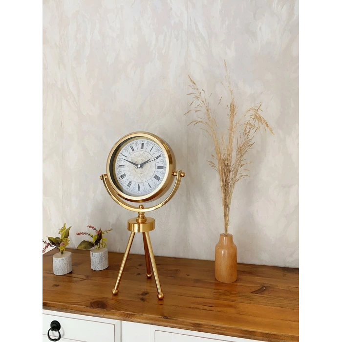 Gold Metal Mini Tripod Çini Desenli Roma Rakamı Masa Saati 45×26 cm