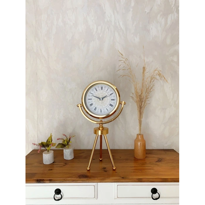 Gold Metal Mini Tripod Çini Desenli Roma Rakamı Masa Saati 45×26 cm