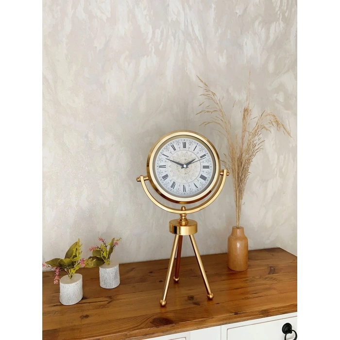 Gold Metal Mini Tripod Çini Desenli Roma Rakamı Masa Saati 45×26 cm