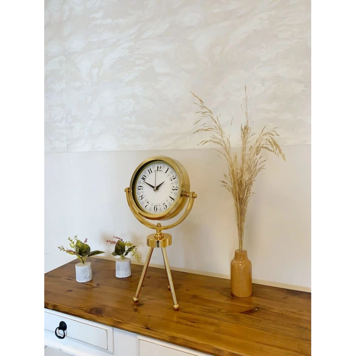 Gold Metal Mini Tripod Desenli Masa Saati 45×26 cm