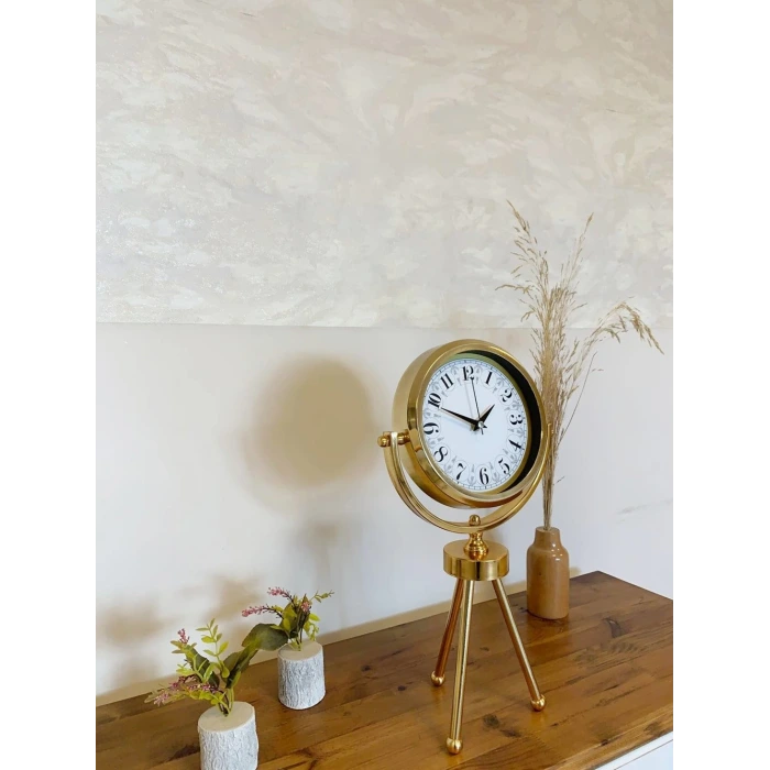 Gold Metal Mini Tripod Desenli Masa Saati 45×26 cm