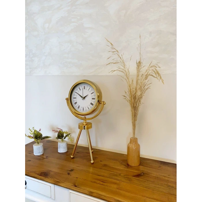 Gold Metal Mini Tripod Desenli Roma Rakamı Masa Saati 45×26 cm