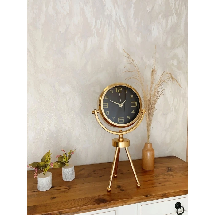Gold Metal Mini Tripod Siyah İnci Masa Saati 45×26 cm – Şık ve Modern Dekoratif Tasarım