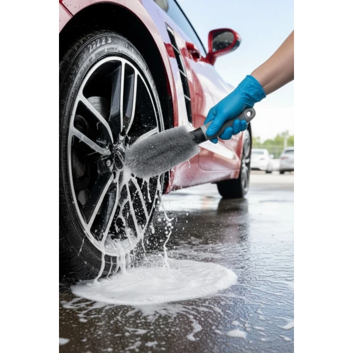 Gri Oto Jant Temizleme Fırçası – Ergonomik Saplı, Lastik ve Jant Detay Temizliği İçin Güçlü Kıllı Fırça