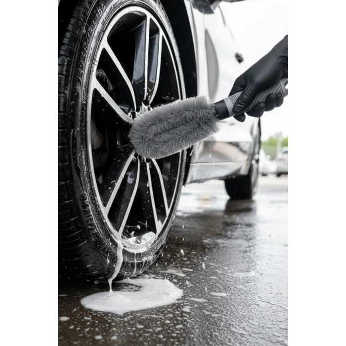 Gri Oto Jant Temizleme Fırçası – Ergonomik Saplı, Lastik ve Jant Detay Temizliği İçin Güçlü Kıllı Fırça