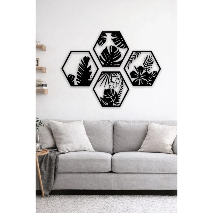 HexaLeaf – Tropikal Yaprak Desenli Altıgen Ahşap Duvar Dekoru