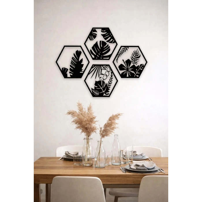HexaLeaf – Tropikal Yaprak Desenli Altıgen Ahşap Duvar Dekoru