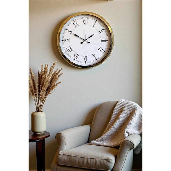 İhtişamlı Gold 52 Cm Metal Roma Rakamlı Lüks Duvar Saati