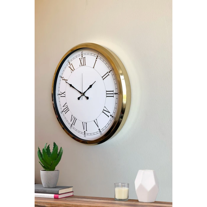 İhtişamlı Gold 52 Cm Metal Roma Rakamlı Lüks Duvar Saati