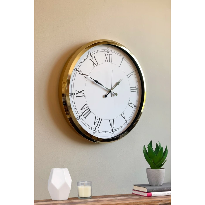 İhtişamlı Gold 52 Cm Metal Roma Rakamlı Lüks Duvar Saati
