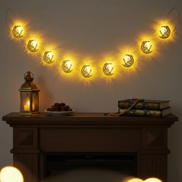 İpek Yıldızı® 10 Adet Sarkıtlı Ramazan Hilal Üstü Cami Temalı LED Işık – Pilli 2 Metre Ramazan Süsü, İslami Dekorasyon, Ev ve Mekanlar İçin Dekoratif