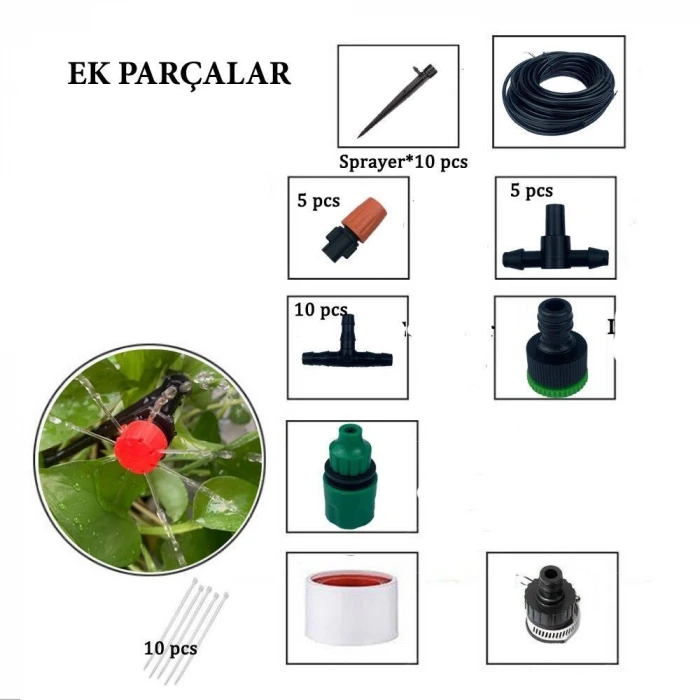 İpek Yıldızı® 10 Metre Bahçe Damlama Sulama Sistemi Seti Hortum ve Ek Parçaları