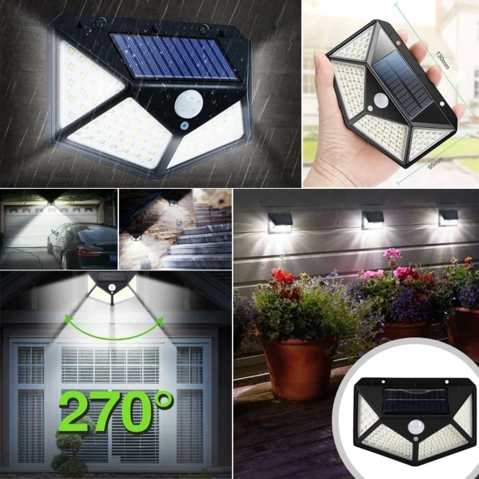 İpek Yıldızı® 100 Ledli 3 Farklı Aydınlatma Ayarlı Solar Güneş Enerjili Hareket Sensörlü Bahçe Duvar Lambası