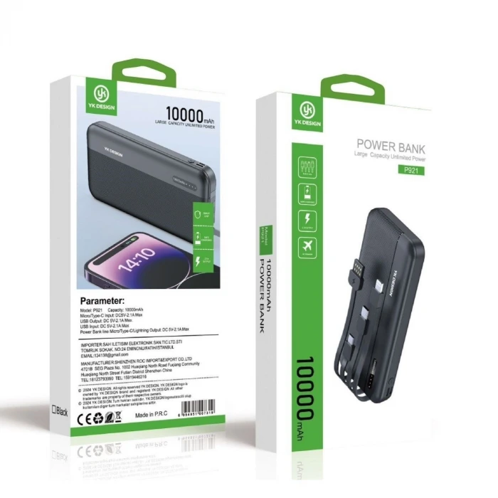 İpek Yıldızı® 10000 mAh Micro Type-C USB Lightning 4 Kablolu Hızlı Kablosuz Şarj Powerbank