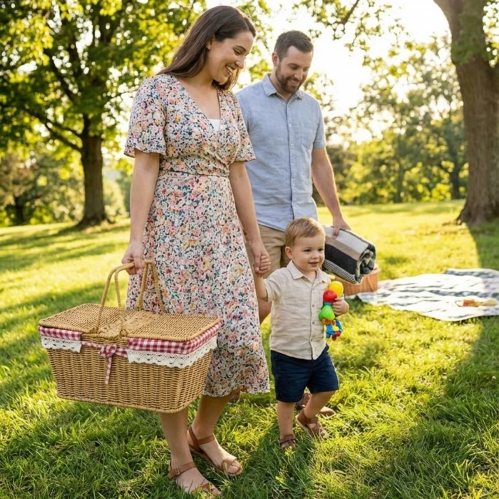 İpek Yıldızı® 2 Kapaklı Dikdörtgen Plastik Rattan Piknik Sepeti – Doğal Hasır Görünümlü Çok Amaçlı Piknik, Plaj ve Bahçe Sepeti