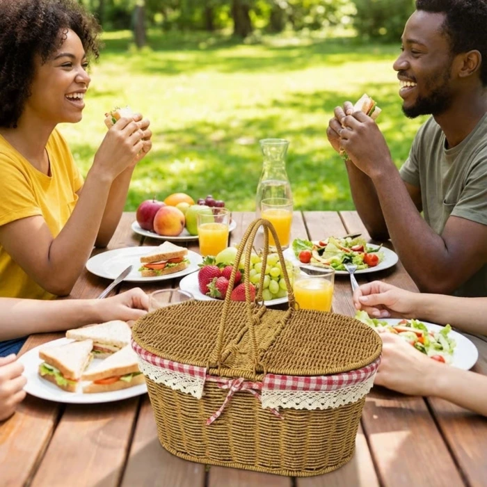 İpek Yıldızı® 2 Kapaklı Oval Plastik Rattan Piknik Sepeti – Doğal Hasır Görünümlü Çok Amaçlı Piknik, Plaj ve Bahçe Sepeti