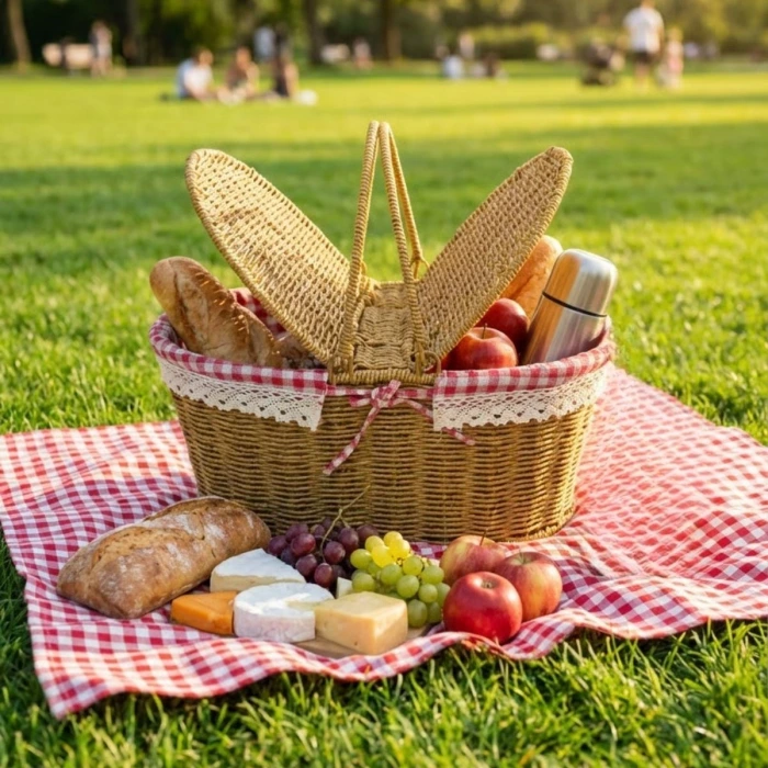 İpek Yıldızı® 2 Kapaklı Oval Plastik Rattan Piknik Sepeti – Doğal Hasır Görünümlü Çok Amaçlı Piknik, Plaj ve Bahçe Sepeti