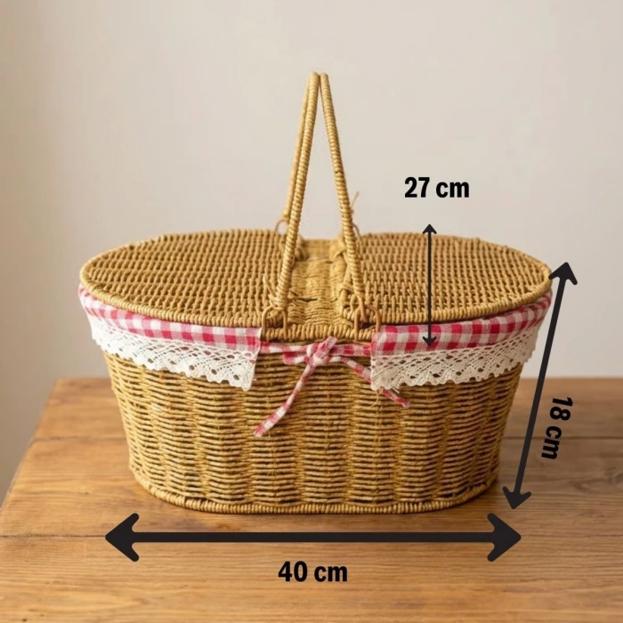 İpek Yıldızı® 2 Kapaklı Oval Plastik Rattan Piknik Sepeti – Doğal Hasır Görünümlü Çok Amaçlı Piknik, Plaj ve Bahçe Sepeti