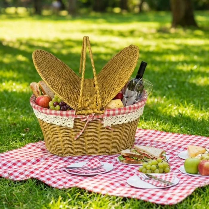 İpek Yıldızı® 2 Kapaklı Oval Plastik Rattan Piknik Sepeti – Doğal Hasır Görünümlü Çok Amaçlı Piknik, Plaj ve Bahçe Sepeti