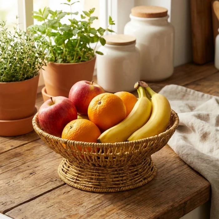 İpek Yıldızı® 28 cm Plastik Rattan Servis Çanağı – Doğal Hasır Görünümlü Dekoratif Meyve, Ekmek ve Sunum Kasesi