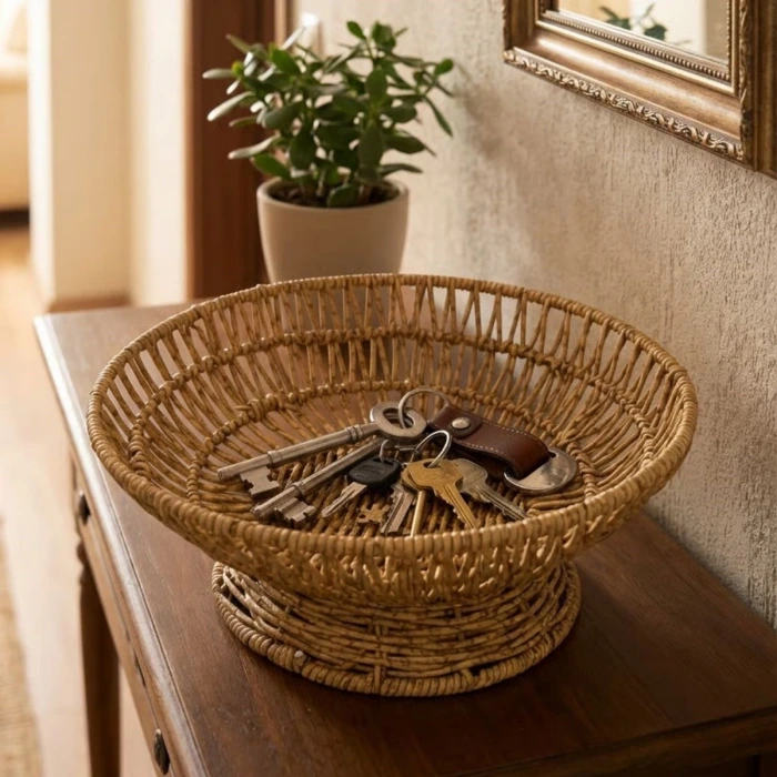 İpek Yıldızı® 28 cm Plastik Rattan Servis Çanağı – Doğal Hasır Görünümlü Dekoratif Meyve, Ekmek ve Sunum Kasesi