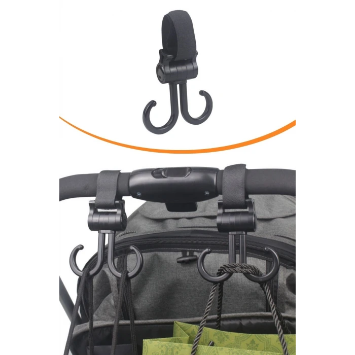 İpek Yıldızı® 2li Bebek Arabasına Uyumlu Cırtlı Eşya Taşıma Aparatı 360 Derece Dönebilen Plastik Kanca