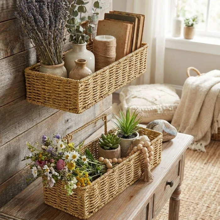 İpek Yıldızı® 2’li Duvar Askılı Plastik Rattan Organizer – Dikdörtgen Hasır Görünümlü Mutfak Raf Sepeti, Banyo ve Ev İçi Düzenleme Ünitesi