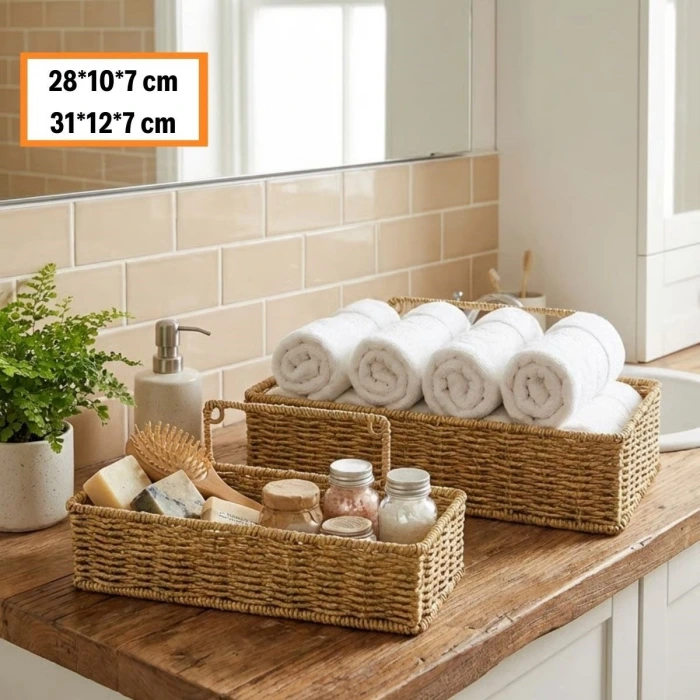 İpek Yıldızı® 2’li Duvar Askılı Plastik Rattan Organizer – Dikdörtgen Hasır Görünümlü Mutfak Raf Sepeti, Banyo ve Ev İçi Düzenleme Ünitesi