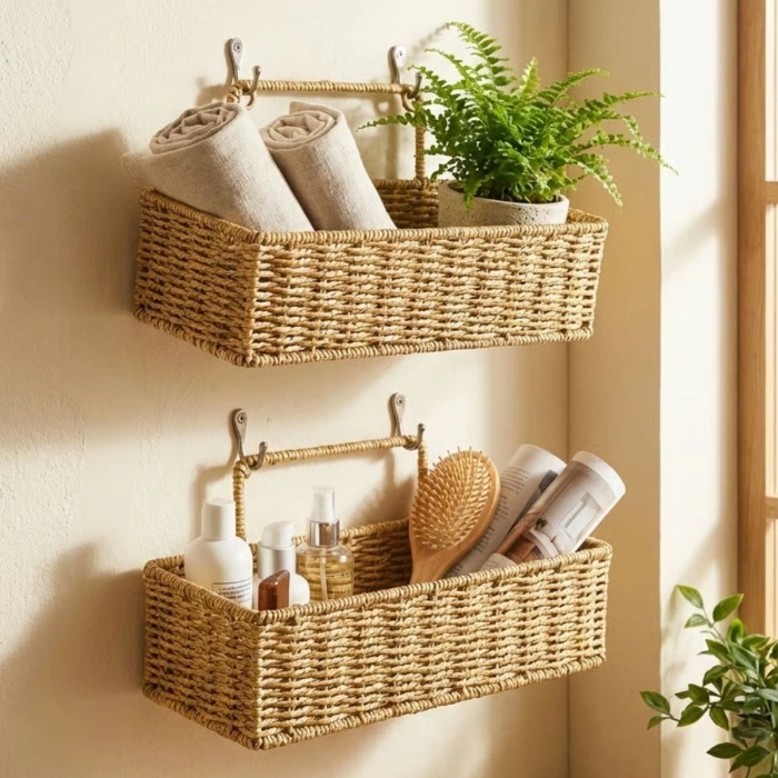 İpek Yıldızı® 2’li Duvar Askılı Plastik Rattan Organizer – Dikdörtgen Hasır Görünümlü Mutfak Raf Sepeti, Banyo ve Ev İçi Düzenleme Ünitesi