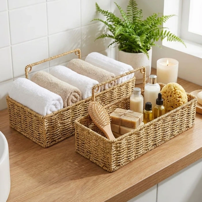 İpek Yıldızı® 2’li Duvar Askılı Plastik Rattan Organizer – Dikdörtgen Hasır Görünümlü Mutfak Raf Sepeti, Banyo ve Ev İçi Düzenleme Ünitesi