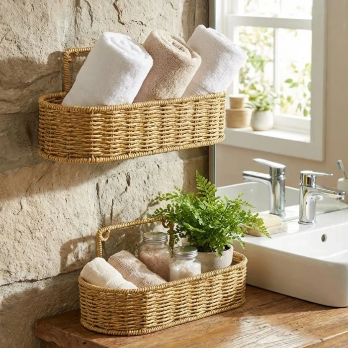 İpek Yıldızı® 2’li Duvar Askılı Plastik Rattan Organizer – Oval Hasır Görünümlü Mutfak Raf Sepeti, Banyo ve Ev İçi Düzenleme Ünitesi