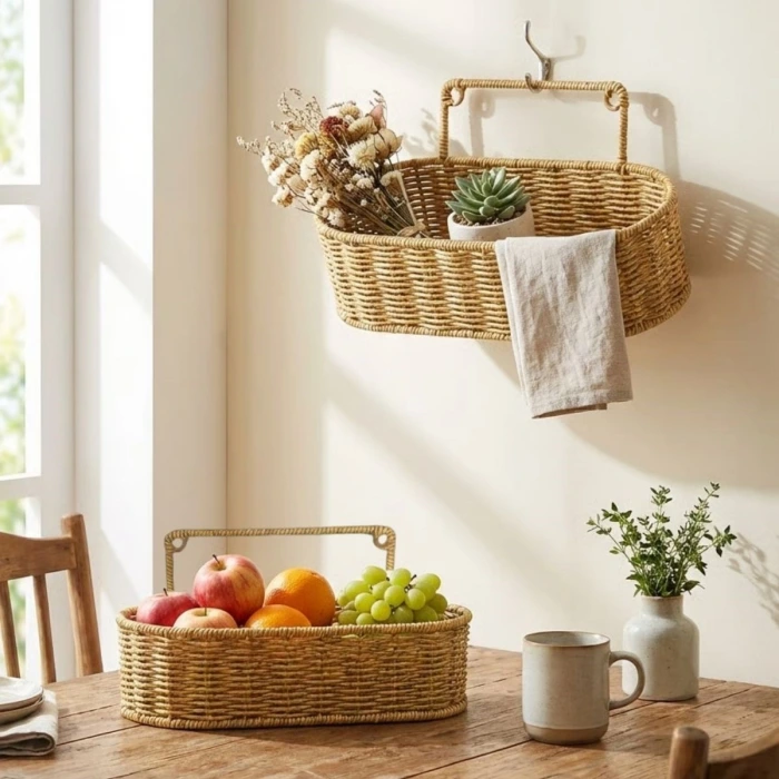 İpek Yıldızı® 2’li Duvar Askılı Plastik Rattan Organizer – Oval Hasır Görünümlü Mutfak Raf Sepeti, Banyo ve Ev İçi Düzenleme Ünitesi