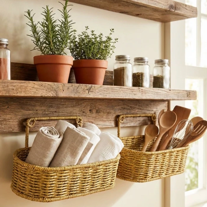İpek Yıldızı® 2’li Duvar Askılı Plastik Rattan Organizer – Oval Hasır Görünümlü Mutfak Raf Sepeti, Banyo ve Ev İçi Düzenleme Ünitesi