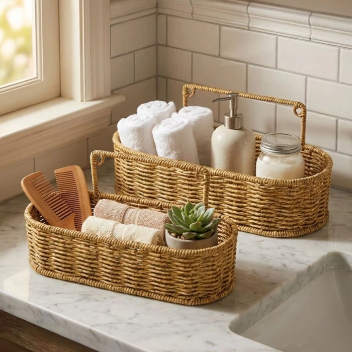 İpek Yıldızı® 2’li Duvar Askılı Plastik Rattan Organizer – Oval Hasır Görünümlü Mutfak Raf Sepeti, Banyo ve Ev İçi Düzenleme Ünitesi