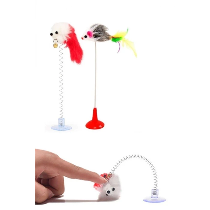 İpek Yıldızı® 2li Vantuzlu Fareli Tüylü Hareketli Çanlı ve Esneyen Eğlenceli Peluş Kedi Oyuncağı