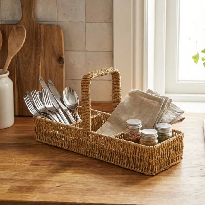 İpek Yıldızı® 3 Bölmeli Plastik Rattan Düzenleyici–Saplı Masaüstü Organizer, Mutfak Kaşık Çatal Sepeti, Banyo & Ofis Çok Amaçlı Sunum Standı