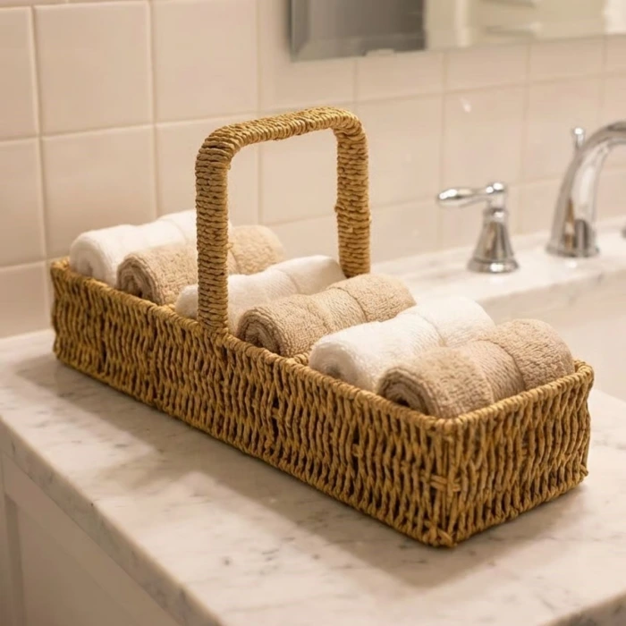 İpek Yıldızı® 3 Bölmeli Plastik Rattan Düzenleyici–Saplı Masaüstü Organizer, Mutfak Kaşık Çatal Sepeti, Banyo & Ofis Çok Amaçlı Sunum Standı