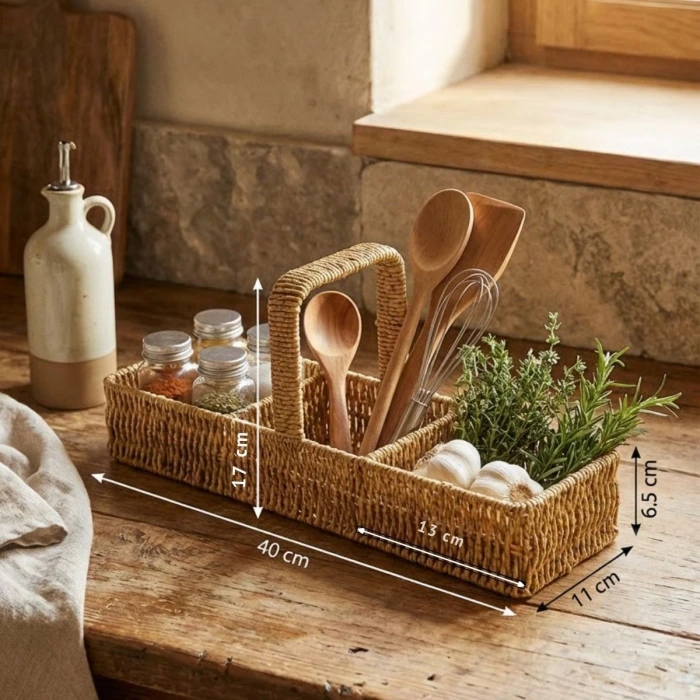 İpek Yıldızı® 3 Bölmeli Plastik Rattan Düzenleyici–Saplı Masaüstü Organizer, Mutfak Kaşık Çatal Sepeti, Banyo & Ofis Çok Amaçlı Sunum Standı