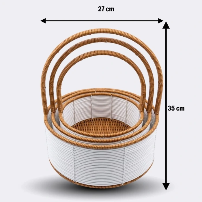 İpek Yıldızı® 3 Boy İç İçe Geçebilen Plastik Rattan Sepetler–Beyaz Renkli,Kahverengi Saplı, Çok Amaçlı Düzenleyici ve Sunum Sepeti Seti