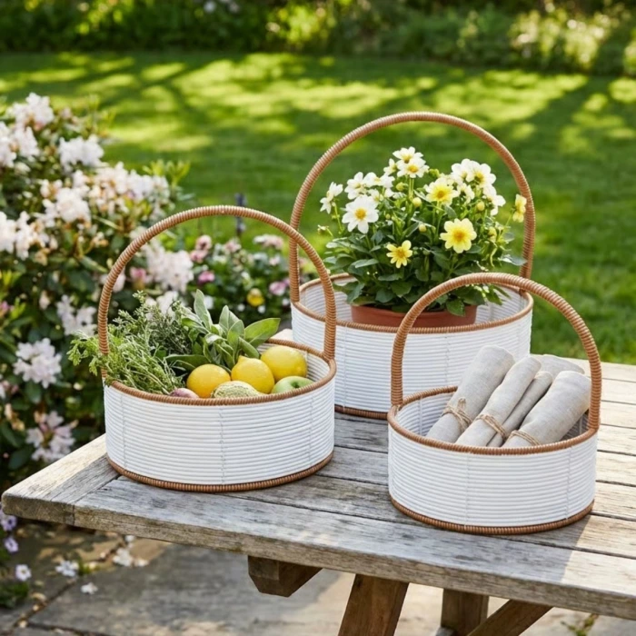 İpek Yıldızı® 3 Boy İç İçe Geçebilen Plastik Rattan Sepetler–Beyaz Renkli,Kahverengi Saplı, Çok Amaçlı Düzenleyici ve Sunum Sepeti Seti