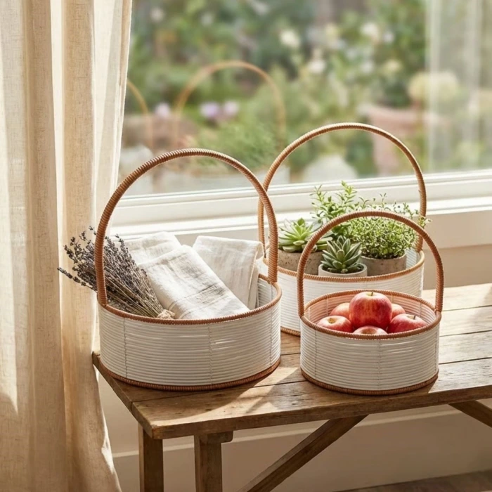 İpek Yıldızı® 3 Boy İç İçe Geçebilen Plastik Rattan Sepetler–Beyaz Renkli,Kahverengi Saplı, Çok Amaçlı Düzenleyici ve Sunum Sepeti Seti